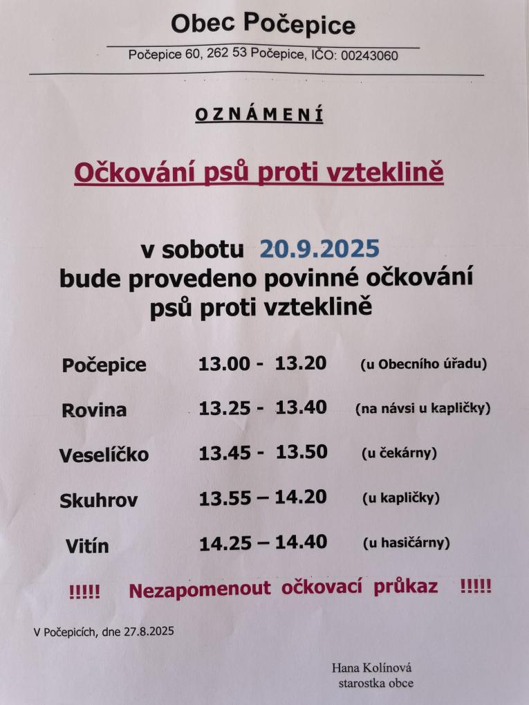 Očkování psů proti vzteklině v&nbsp;sobotu 20.9.2025